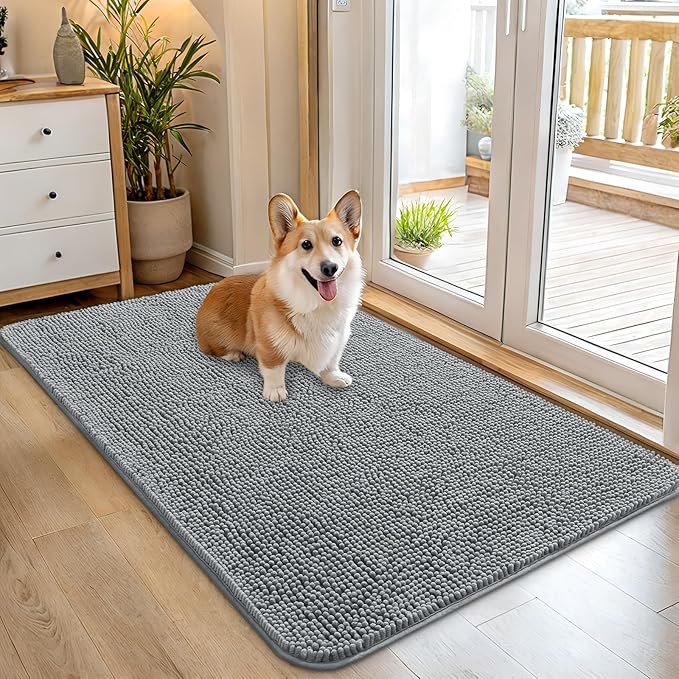 OLANLY Dog Door Mat for Muddy Paws 45x27, Absorbs Moisture and Dirt, Absorbent Non-Slip Washable Doormat, Quick Dry Chenille Mud Mat for Dogs, Entry Indoor Entryway Carpet for Inside Floor, Grey by OLANLY