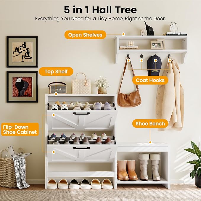 Homeiju Shoe Cabinet with Flip Down Cabinet, 5-in-1 Entryway Hall Tree with Adjustable Shelves, Coat Rack & Quick-Access Shelf, Anti-Tip Safety for Kids & Pets - Image 8