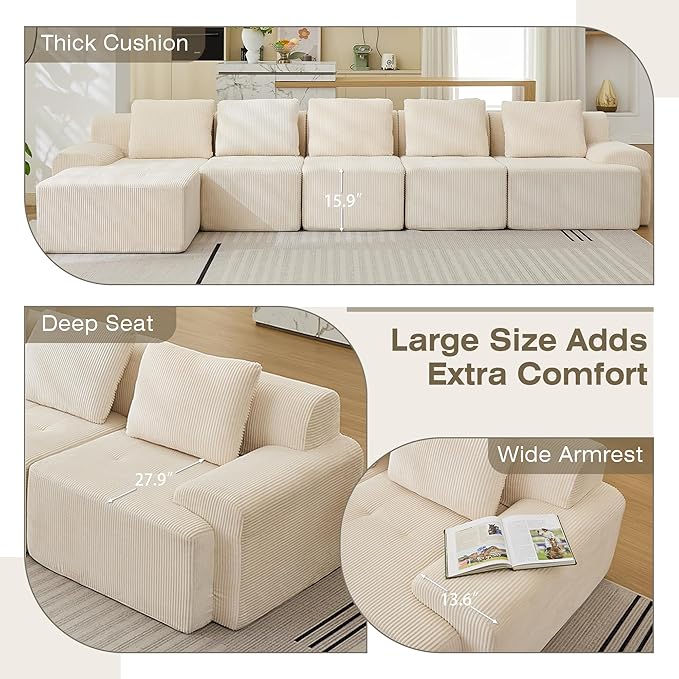 Modular Sectional Sofa, 6 Seat Modular Couch, Modular Sofa with Deep Seat and Detachable Pillow (White, 6 Pieces-L Shape)
