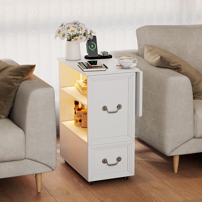 Lareth Side Table with Charging Station and Led Lights, Foldable Narrow End Table with Drawers and Bookshlef, Rolling Tall Nightstand for Small Space, Living Room (White-1pcs) - Image 8