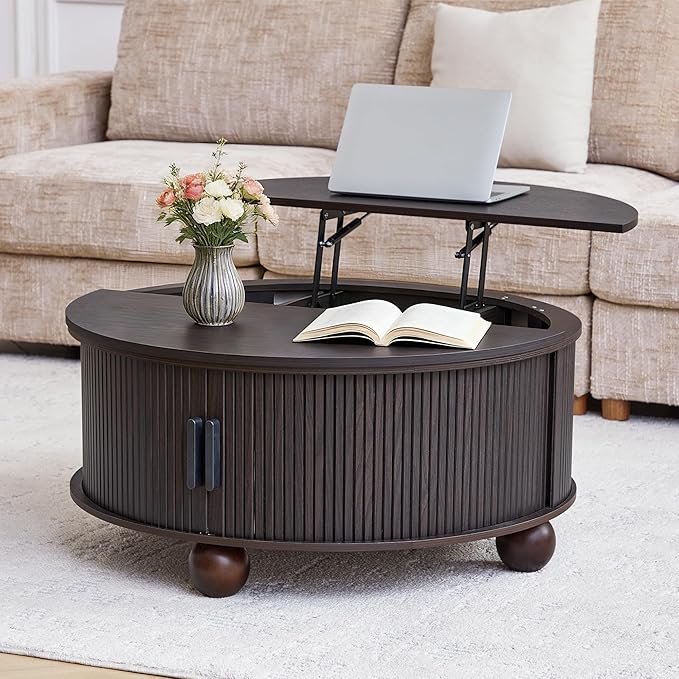 Round Lift Top Coffee Table with Hidden Storage, 33.5'' Mid-Century Modern Fluted Coffee Table with Sliding Tambour Door & Solid Wood Legs, Circle Center Table for Living Room, Small Space (Black)