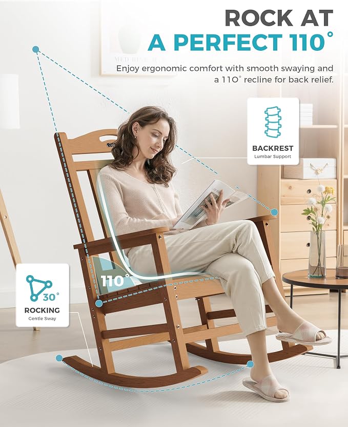 Ciokea Oversized Outdoor Rocking Chair, 380lbs Heavy-Duty Large Patio Rocker, Weather Resistant & Anti-Fade Porch Chair, High Back Cozy Rocking Chair for Outside, Fire Pit, Deck, Garden, Teak - Image 5