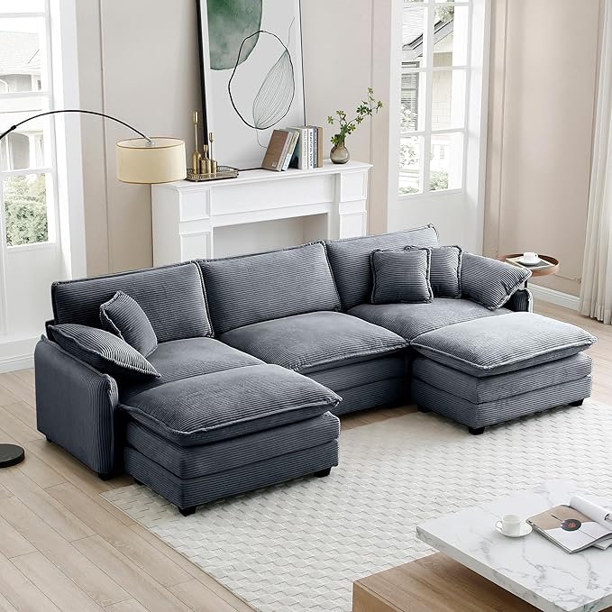 KEIKI 115" U-Shaped Oversized Corduroy Modular Sectional Sofa with 2 Ottoman, High-Density Foam Cushions, Removable Armrests, Upholstered 3-Seater Corner Couch with 5 Pillow, for Living Room, Grey