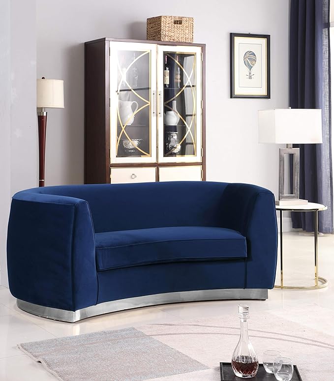 Meridian Furniture Julian Collection Modern | Contemporary Velvet Upholstered Loveseat with Stainless Steel Base in Polished Chrome Finish, Navy, 70" W x 34" D x 28" H