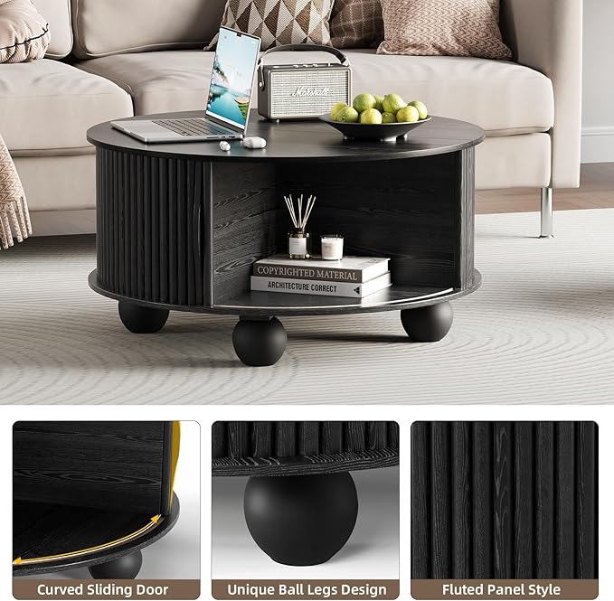 Round Coffee Table with Storage, 31.5" Mid Century Modern Coffee Table with Sliding Door & Bun Feet, Minimalist Fluted Center Table for Living Room, Home Small Space, Black