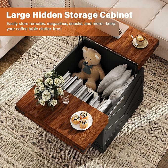 31.5'' Lift Top Coffee Table, Sliding Top Square Center Table with Large Hidden Storage Organizer, Multi-Functional Farmhouse Coffee Tables for Living Room, Bedroom, Home Office, Black