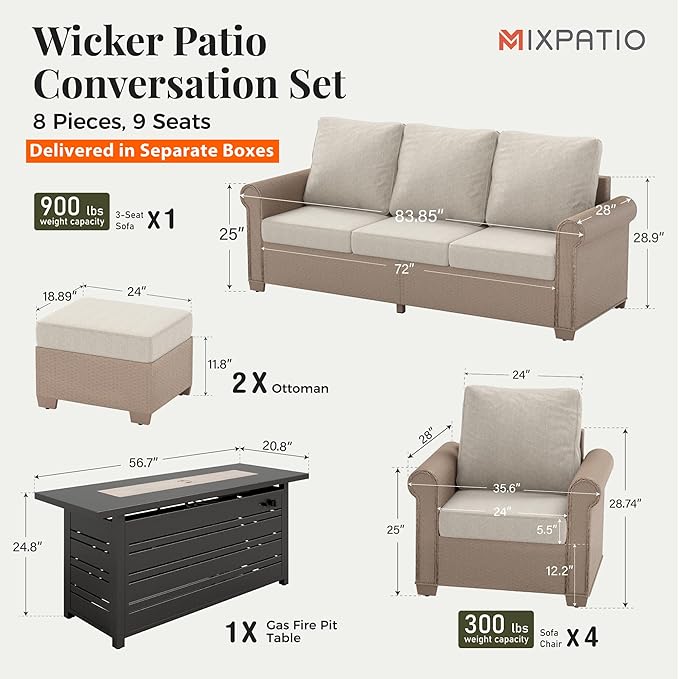 Patio Furniture Set 8 pcs, Wicker Outdoor Patio Furniture, 3-Seat Sofa, 4 Single Chairs, 2 Ottomans and 56" Gas Fire Pit Table, Rattan Patio Conversation Set for Backyard Deck, Beige