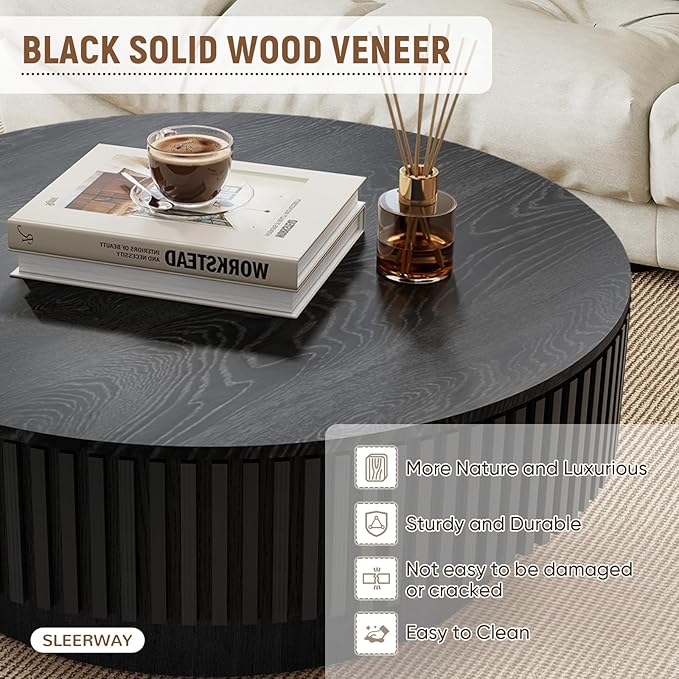 39.37'' Round Coffee Table with Storage, Modern Wooden Fluted Circle Coffee Table Unique Drum Center Table Wood Circular Tea Table for Living Room, Small Apartment, Office, Black