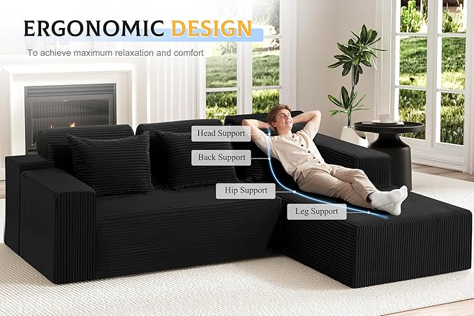 Homguava Modular Sectional Couches for Living Room,105" Cloud Couch with L-Shape Chaise,Comfy Sofa Living Room Sofas with Deep Seat,No Assembly L Couch,Corduroy Fabric(Black,R)