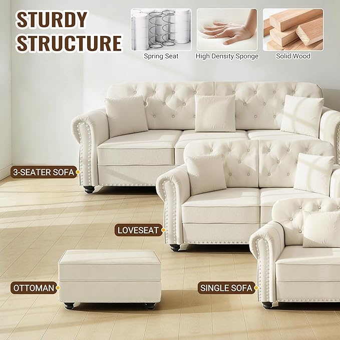 KEIKI 2-Piece Chesterfield Sofa Set with 1 Velvet 3-Seater Sofa & 1 Single Sofa, Upholstered 4-Seater Couch Set with Nailhead Trim & Rolled Arms & 1 Ottoman & 4 Pillow, for Living Room, White