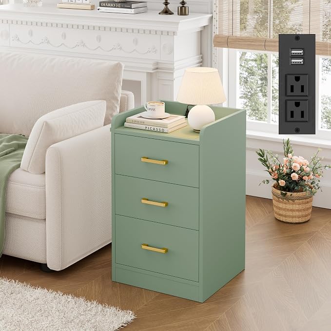FOTOSOK Nightstands Set of 2 with Charging Station, 3 Drawer Nightstand with Gold Handles, Green Nightstand for Bedroom, Modern Design End Side Table for Home, Office - Image 6