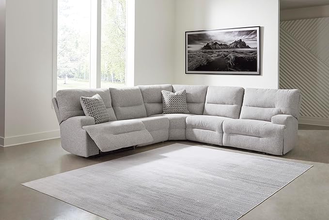 Signature Design by Ashley Acklen Place Stain Resistant Contemporary 5-Piece Power Reclining Sectional with Armrest, Throw Pillows and USB Port, Gray