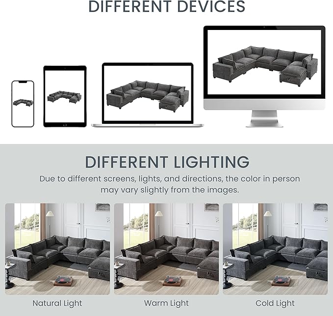 Merax Modern Oversized U-Shaped Sectional Sofa with Piollows & Chaise Lounge, Chenille 7-Seat Couch Set Sleeper Bed with Storage Ottoman for Living Room Gray