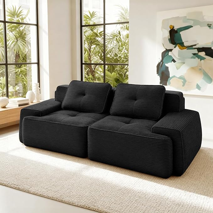 Casaphoria 80'' Corduroy Couch Sectional, 2 Seater Boneless Couches for Living Room, Black Modular Cloud Sofa with 2-Pillow, Extra Deep Seat Sofa with No Assembly