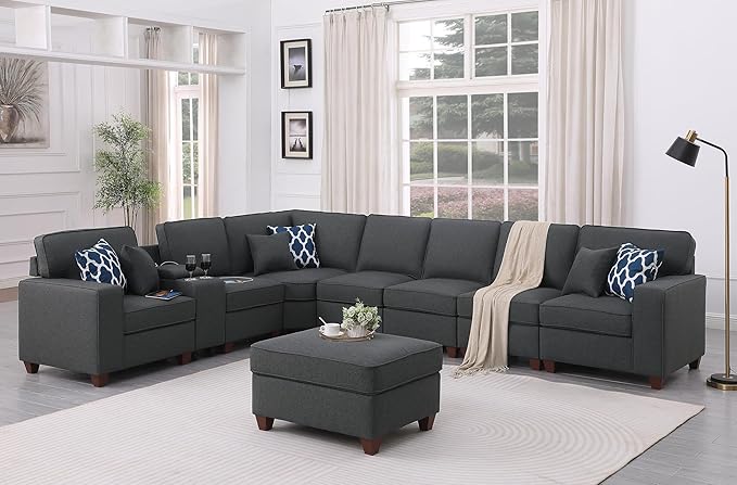 ERYE 151-Inch U-Shaped Sectional Sofa Linen Upholstered Corner Convertible Sectional,9 PCS Modular Couch with Ottoman,Storage Console, Cupholders and Charging Station