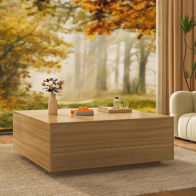 43 Inch Large Square Coffee Table with Storage,Modern Wooden Coffee Table with 2 Drawers Storage for Living Room,Mid Century Tea Table/Aesthetic Coffee Tables Center Table for Home Office(Oak)