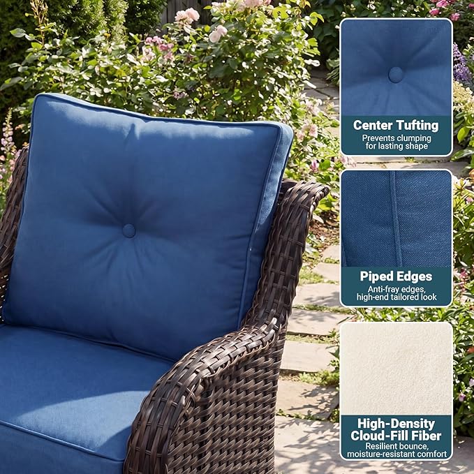 Patio Furniture Set, 3PCS Outdoor Wicker Conversation Set with 6" Thick Cushions, High Back Swivel Rocker Chairs, Weather Resistant Olefin Fabric for Garden, Poolside, Navy Blue
