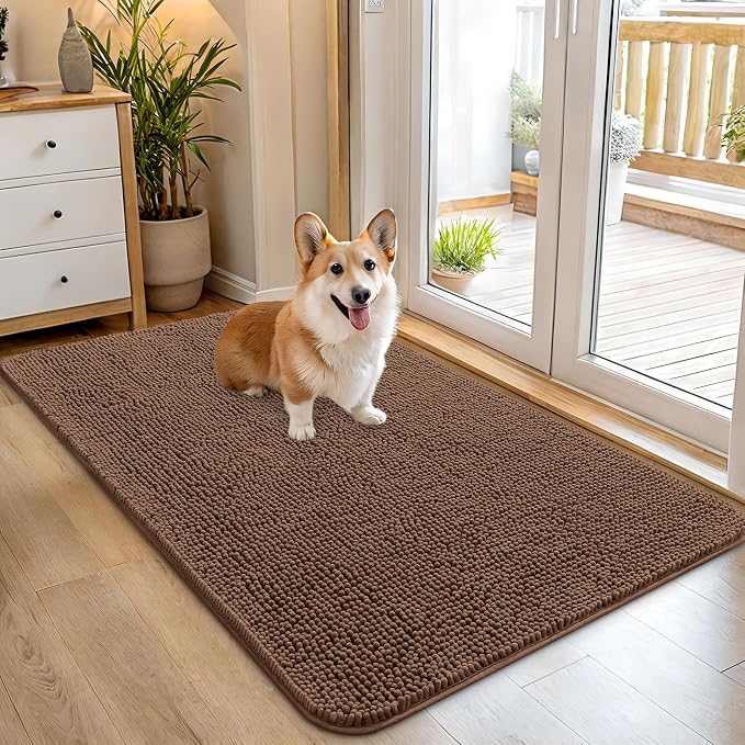 OLANLY Dog Door Mat for Muddy Paws 45x27, Absorbs Moisture and Dirt, Absorbent Non-Slip Washable Doormat, Quick Dry Chenille Mud Mat for Dogs, Entry Indoor Entryway Carpet for Inside Floor, Mocha by OLANLY