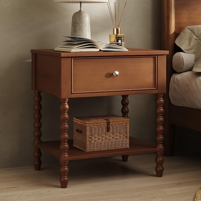 AMERLIFE 24" Walnut Nightstand, Vintage Bedside Table for Bedroom, Solid Wood Night Stand with Turned Legs, End Table with Drawer & Open Shelf, Large/Tall Nightstand, Brown Walnut Finish - Image 8