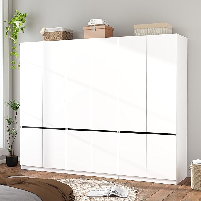 Armoire Wardrobe Closet with Doors: 75" White Large Wardrobe Closet with 6 Doors, Clothes Cabinets for Bedroom Armoires with Storage, Wood Wardrobes Closets for Hanging Clothes(C+C+C, 94.5")