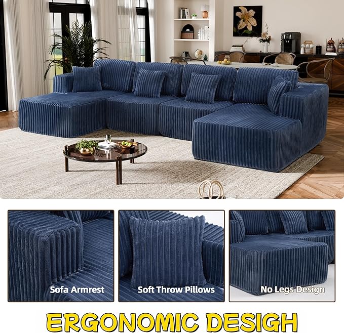 132" U Shaped Boneless Couch, Cloud Sectional Modular Sofa with Double Chaise Lounge, Corduroy Cloud Couch with Pillows & Deep Seat, Boneless Sofa for Living Room, Blue