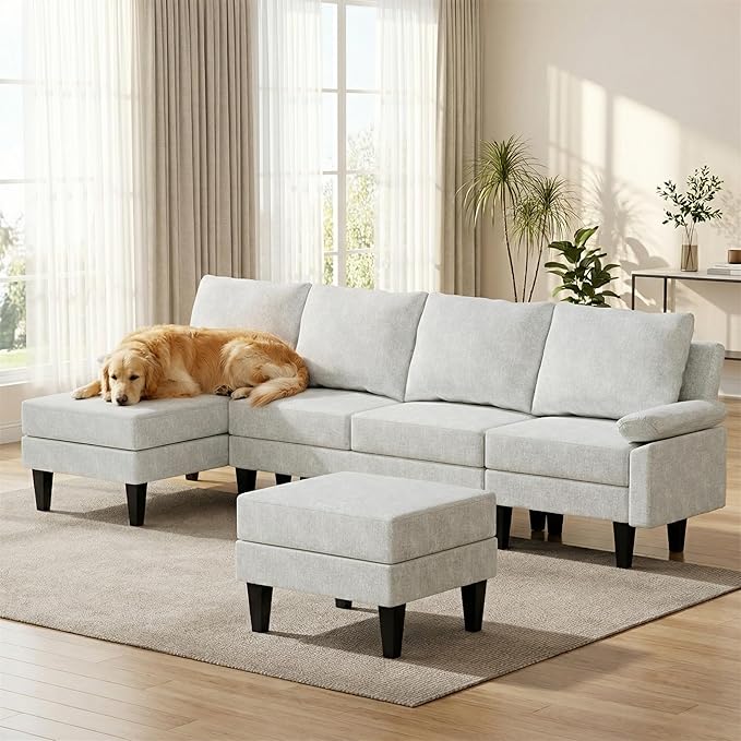 4-Seat U-Shaped Modular Sofa with Double Storage Ottoman - Space-Saving Convertible Lounge Couch for Home & Office, White