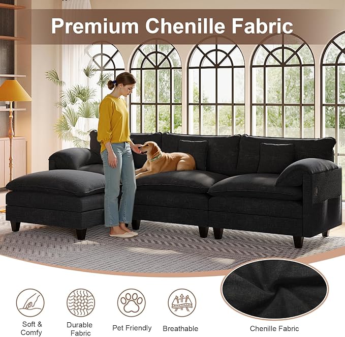 Modular Sectional Sofa, 108” Comfy Cloud Couch with Movable Ottoman | Charging Station | Side Pocket | Throw Pillow, Modern L-Shaped Couches for Living Room, Chenille, Charcoal Black