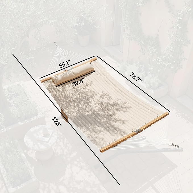 Outsunny Outdoor Hammock, 2-Person Hammock with Head Pillow and Pad, Wood Spreader Bars, 440 lbs Capacity, for Patio Yard Garden, 128" x 55", Cream White - Image 7