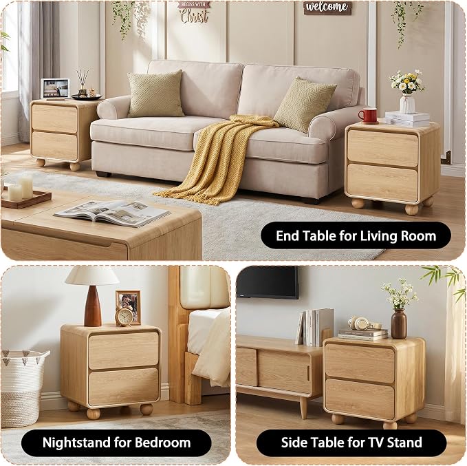 Small Night Stand Set of 2, Mid Century Modern Nightstands with 2 Drawers and Solid Wood Legs, 2 Drawer Dresser Curved Profile Design End Table Side Table for Small Space, Dorm, Bedroom(Natural) - Image 6