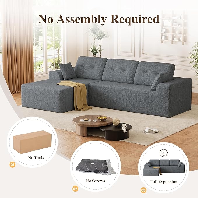 Ball & Cast 106" Boneless Sectional Sofa, Chenille Modular L Shaped Couch with Deep Seat Chaise, Cloud Style Oversized Sectional Couch for Living Room, No Assembly, Left Facing, Grey