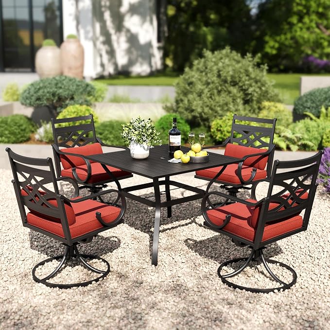 PHI VILLA 5 Pieces Outdoor Dining Set for 4, 37" Square Metal Table with Umbrella Hole & Wrought Iron Swivel Chairs, All Weather Outside Furniture with Red Cushions & Pillows for Patio, Deck, Porch by PHIVILLA