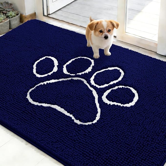 OLANLY Dog Door Mat for Muddy Paws 48x30, Paw Print Design, Absorbs Moisture and Dirt, Absorbent Non-Slip Washable Doormat, Quick Dry Chenille Mud Mat for Dogs, Entry Indoor Entryway Carpet, Navy Blue by OLANLY