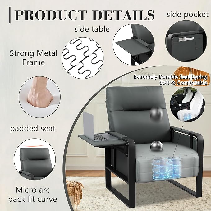 Alunaune Upholstered Living Room Chair Armchair, Mid Century Faux Leather Metal Accent Chair, Reception Couch Slipper Club Lounge Chair Guest Comfy Single Sofa with Sidetable for Bedroom-Dark Grey