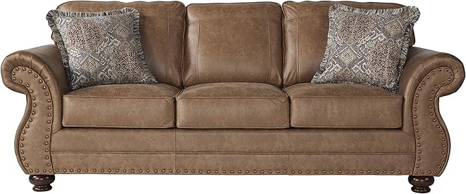Leinster Faux Leather Sofa and Loveseat with Antique Bronze Nailheads in Jetson Ginger