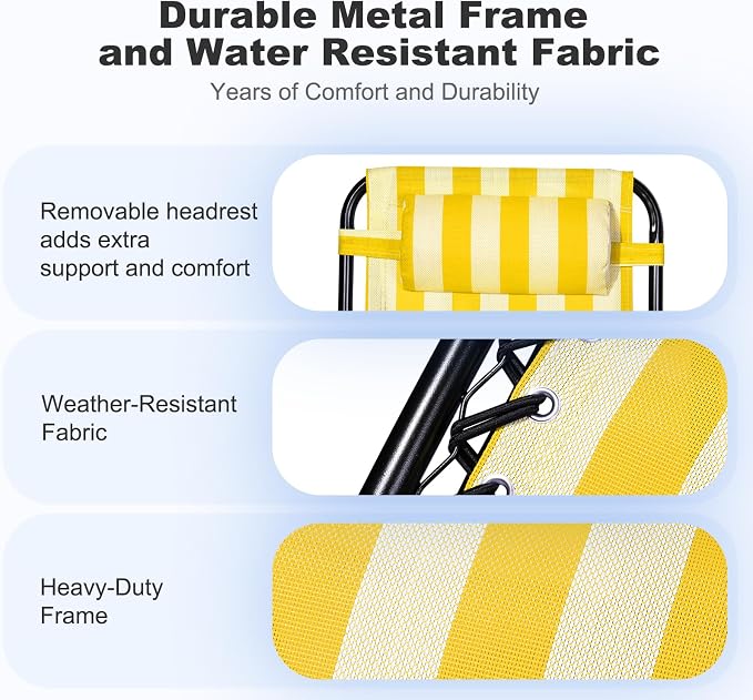 Nazhura Set of 2 Relaxing Recliners Patio Chairs Adjustable Steel Mesh Zero Gravity Lounge Chair Beach Chairs with Pillow and Cup Holder (Yellow Stripe) - Image 5