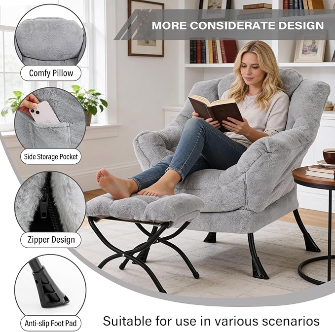 MBOOYOME Lazy Chair with Folding Ottoman, Modern Accent Armchair with Armrests and a Side Pocket & Foldable Footstool, Reading Chair for Living Room, Bedroom, Dorm & Office, Plush Grey