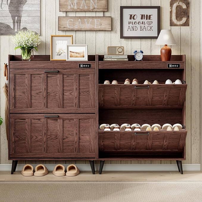 ChooChoo Shoe Storage Cabinet with 2 Flip Drawers, Deodorizing Shoe Organizer Storage for Entryway, Freestanding Hidden Slim Narrow Shoe Rack Cabinet, Walnut - Image 5