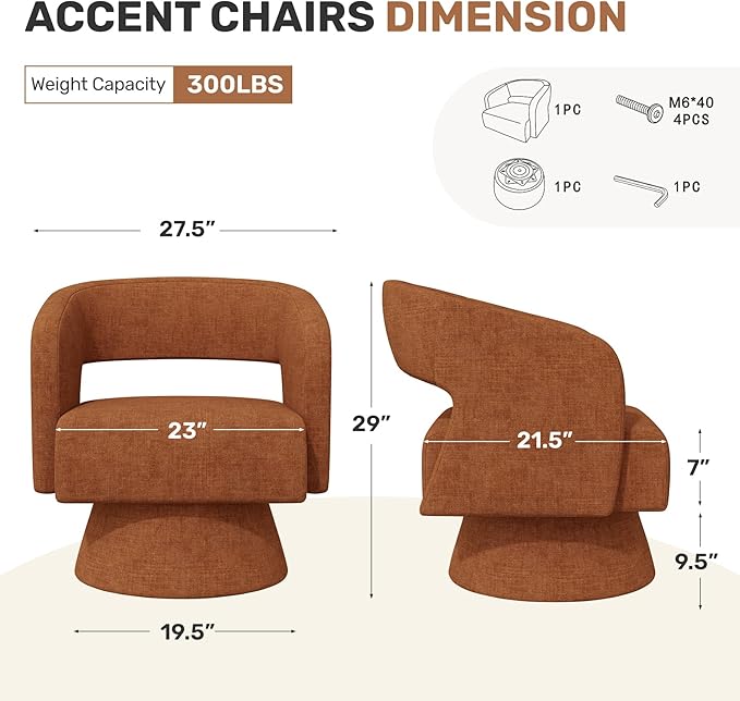 Nebuaegis Swivel Accent Chair, Modern Comfy Chenille Barrel Chairs, Oversized Upholstered Round Arm Chair for Living Room, Bedroom, Reading Room, Caramel, 1 PCS