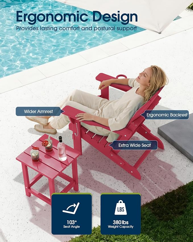 MUCHENGHY Folding Adirondack Chairs, Patio Chairs, Lawn Chairs, Outdoor Chairs, Adirondack Chair Plastic, Fire Pit Chairs, Weather Resistant with Cup Holder for Deck, Backyard, Garden(Red) - Image 4