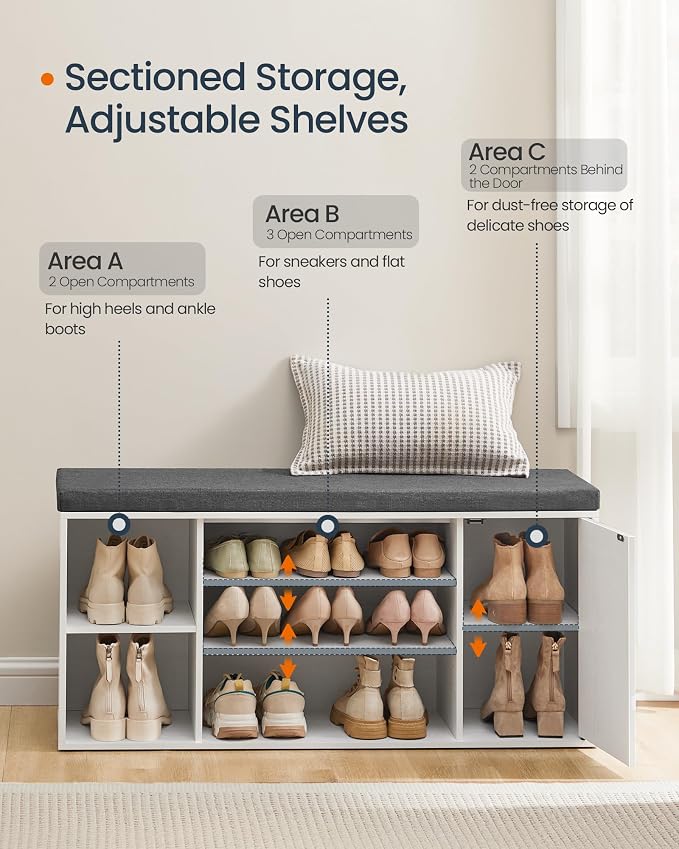 SONGMICS HOME Storage Bench, Superfast Toolless Assembly, 41" Wide Entryway Shoe Cubby Bench with Cushion & Adjustable Shelves, Window Shoe Rack Cabinet, Snow White and Slate Gray ULHS391WE02S - Image 5