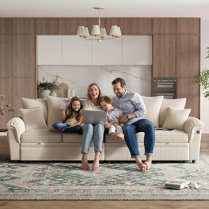 LINSY HOME Oversized Sectional Sleeper Sofa with Pull Out Couch Bed (Beige, 110.5'') | USB Charging, Pillow-style Armrest, Multiple Cushions, Modular Sofa, Corduroy Fabric
