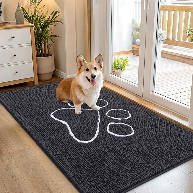 OLANLY Dog Door Mat for Muddy Paws 54x32, Paw Print Design, Absorbs Moisture and Dirt, Absorbent Non-Slip Washable Doormat, Quick Dry Chenille Mud Mat for Dogs, Entry Indoor Entryway Carpet, Dark Grey by OLANLY