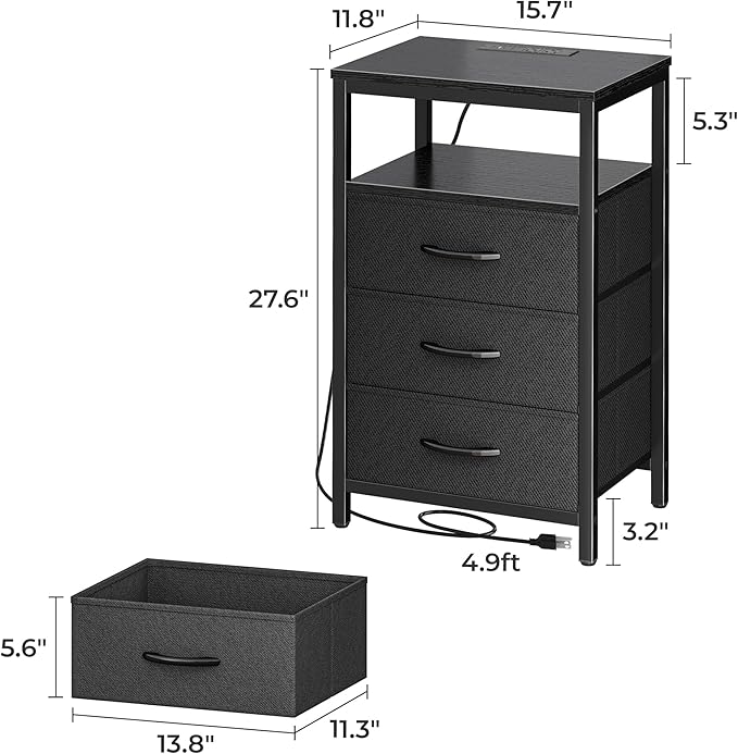 Huuger Nightstand with Charging Station, 27.6 Inch Side Table with Fabric Drawers, End Table Bedside Table with USB Ports and Outlets, Night Stand for Bedroom, Black - Image 3