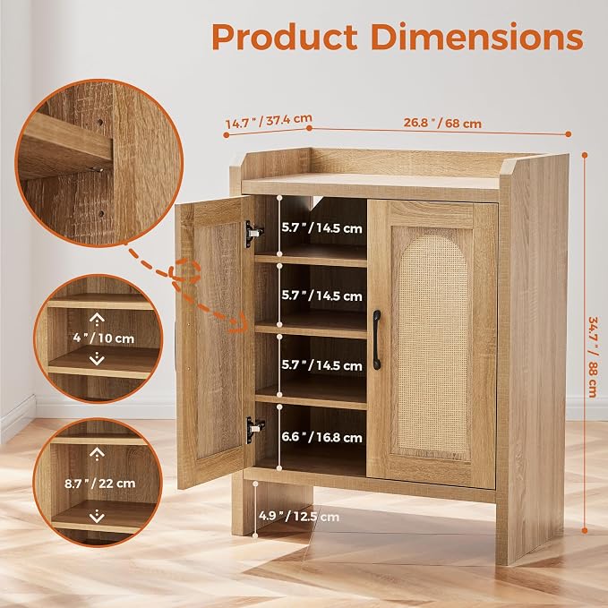 Mericonia Shoe Cabinet Storage for Entryway, Natural Rattan Shoe Storage Cabinet, Wooden Shoe Rack Cabinet, Farmhouse Boho Wood Shoe Organizer Cabinet for Hallway - Image 2