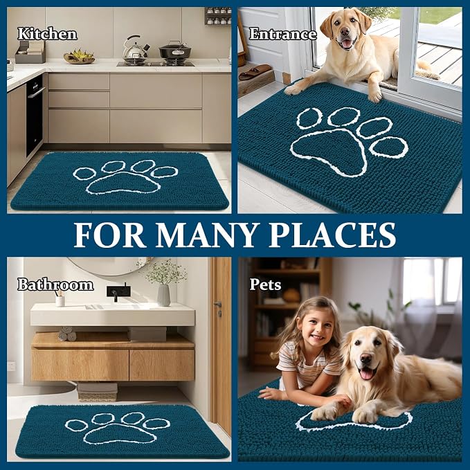 OLANLY Dog Door Mat for Muddy Paws 36x24, Paw Print Design, Absorbs Moisture and Dirt, Absorbent Non-Slip Washable Doormat, Quick Dry Chenille Mud Mat, Entry Indoor Entryway Carpet, Atlantic Blue - Image 8