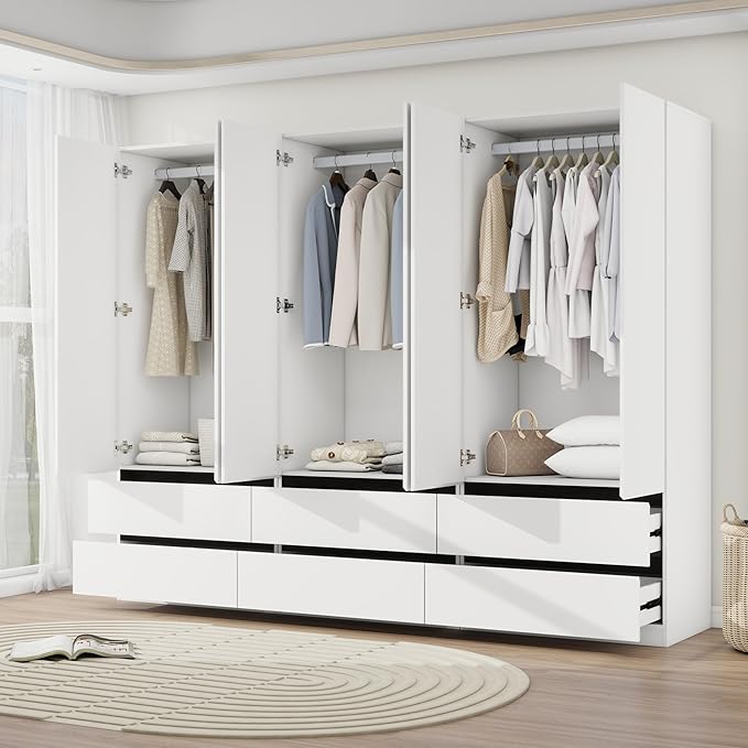 Armoire Wardrobe Closet with Drawers：75" Large White Wardrobe Closet Cabinet with 6 Doors for Hanging Clothes, Modern Wooden Bedroom Armoires with 6 Drawers and Storage (A+A+A, 94.5")