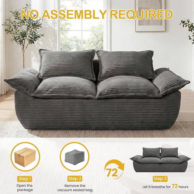 59" Boneless Loveseat Sofa, 2-Seater Gray Boneless Sofa with Removable Cushions & 2 Pillows, Small Couch Boneless Compress Foam Sofa for Living Room, Apartments, & Office