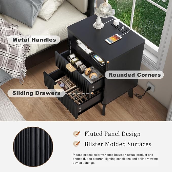 LYNCOHOME Fluted Nightstand with Charging Station, 19.7 inch Wide End Table with 2 Drawers, Modern Wood Bedside Table for Bedroom, Night Stand Set of 2, Black - Image 5