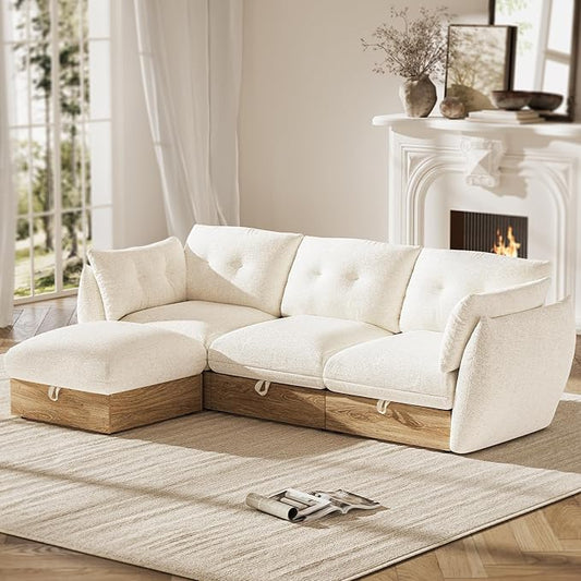 L Shaped Cloud Couch Sectional Modular Sofa with Storage, Cotton and Linen Fabrics Modern Oversized Deep Seat Sofa with Armrest Pillow, Easy Assembly for Living Room, Apartment, Ivory