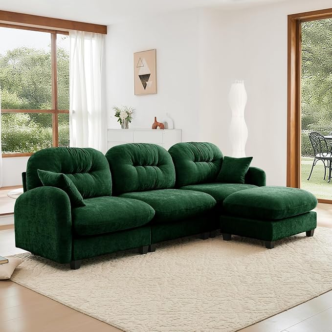 KEIKI 107" L-Shaped Oversized Chenille Modular Sectional Sofa with 1 Ottoman, High-Density Foam Cushions, Tufted Pleated Cushion Backrest, Modern 3-Seater Couch with 2 Pillow, for Living Room, Green